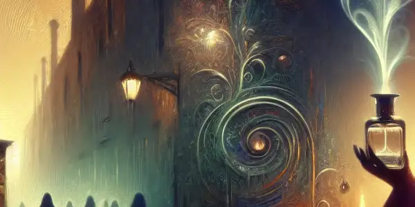 A mysterious figure in an alley holds a perfume bottle, releasing enchanting mist amidst shadowy silhouettes.
