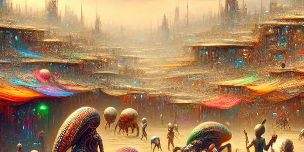 A vibrant alien settlement in a dystopian South African landscape, showcasing diverse extraterrestrial beings and societal themes.