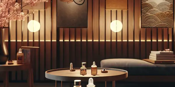 A luxurious display of high-quality condoms and lubricant, surrounded by soft lighting and subtle Japanese cultural elements.