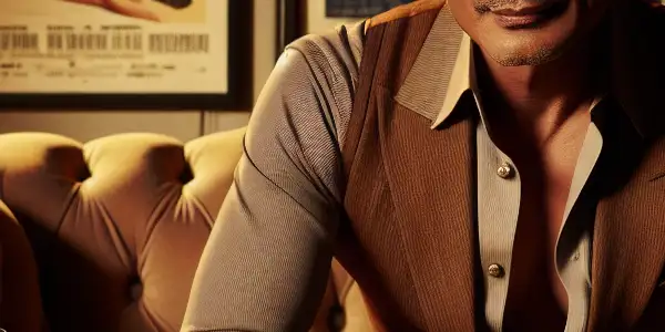 A charismatic mature man in a cozy, intimate living room, surrounded by classic movie posters and a glass of wine.