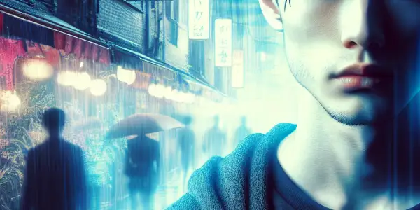 A young man in casual clothing contemplates life amidst a neon-lit urban backdrop reflecting the complexities of the sex industry.