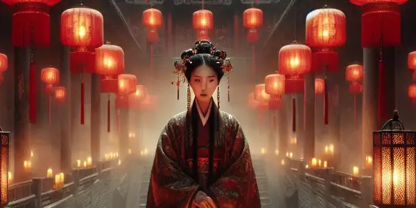 A traditional Chinese courtyard with red lanterns, featuring Song Lian in elegant attire, embodying tension and emotional conflict.