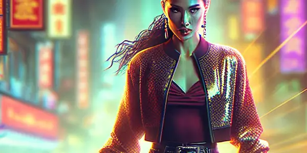 A strong female character in a vibrant urban setting, engaged in dynamic action with hints of sensuality.