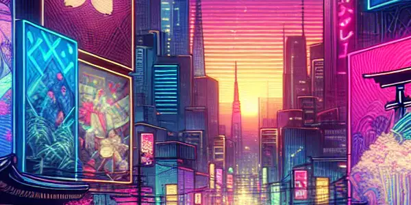 A vibrant neon-lit cityscape featuring young adults exploring adult themes in a lively, surreal landscape.