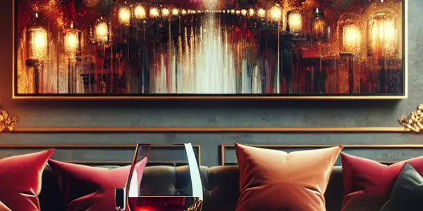 A stylish living room with a large screen displaying abstract art, a cozy atmosphere, and romantic decor.