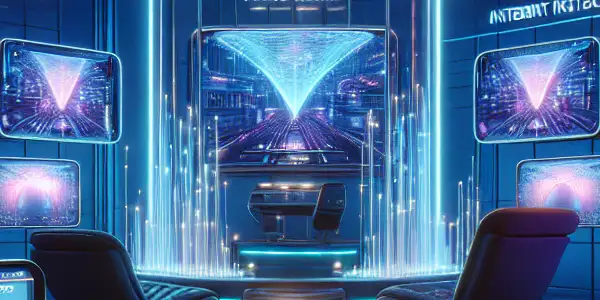 A futuristic digital room with multiple screens showcasing Japanese adult films, illuminated by neon lights.