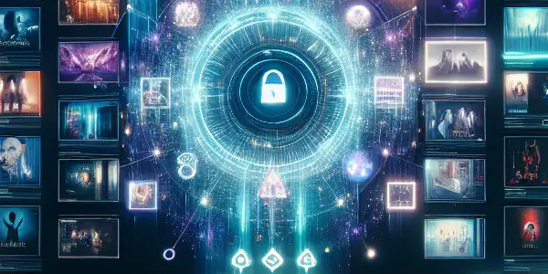 A futuristic online shopping interface for adult films, featuring high-definition thumbnails and a cozy modern living space.