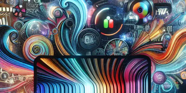 A sleek laptop displaying a vibrant streaming platform in a cozy, artistic workspace.