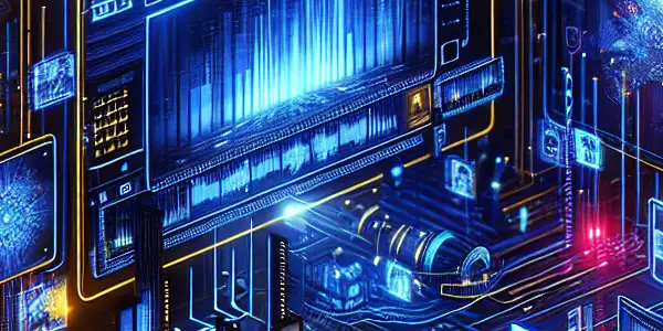 A futuristic digital landscape showcasing neon-lit screens of adult film genres, emphasizing privacy and security.