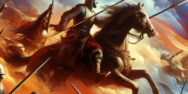 A dramatic battlefield scene merging historical warfare heroism with elements of modern adult entertainment.