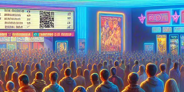 A lively North American movie theater scene in 2023, featuring diverse audiences, digital screens, and vibrant entertainment options.