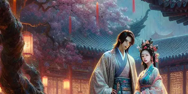 A romantic scene in a lush Chinese garden with two characters sharing an intimate moment under blooming cherry blossoms.