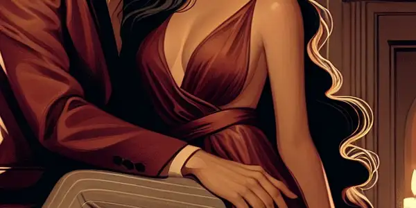 A romantic couple sharing an intimate moment in a luxurious, softly lit setting with elegant decor.