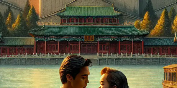 A romantic scene of two lovers amidst the Summer Palace's gardens, with political tension reflected in the background.