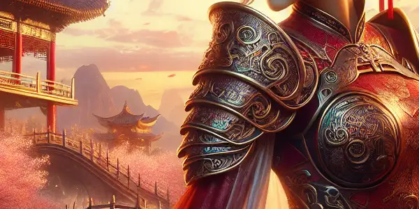 A strong female warrior inspired by Mulan, set in a mythical landscape with cherry blossoms and a dramatic sunset.