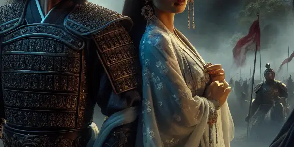 Dramatic scene of ancient China featuring strong warriors, alluring figures, and a backdrop of impending conflict.