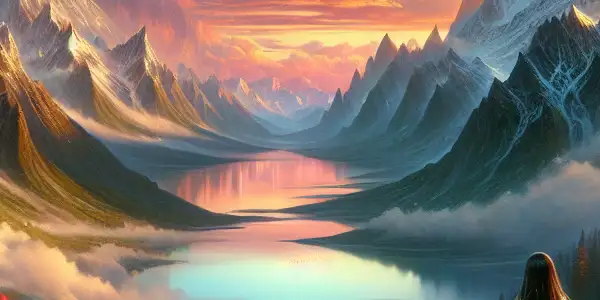 A romantic couple in traditional Tibetan attire against a breathtaking high-altitude landscape with snow-capped mountains and colorful prayer flags.